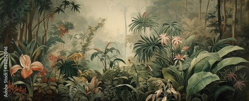 Painting of a jungle landscape. Watercolor pattern wallpaper. photo