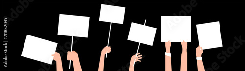 Hands hold blank posters set. Billboard and banner for messages and updates with demonstration and protest vector design