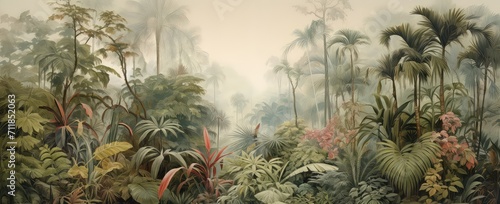 Painting of a jungle landscape. Watercolor pattern wallpaper.