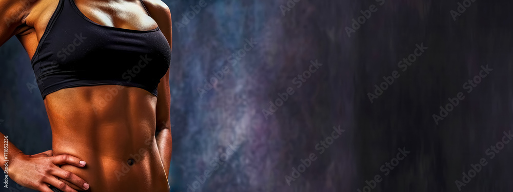 fit female torso wearing a black sports top, highlighting a slim waist and toned abdominal muscles, set against a blurred dark background, emphasizing health, fitness, and body confidence - obrazy, fototapety, plakaty 