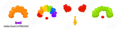 Clown wigs template. Fun rainbow hair with round red noses for festive carnival and circus with happy moments of fun vector parties