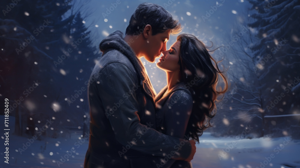 Obraz premium Young beautiful sensual couple outdoor portraits. Boy and girl having fun in cold weather.