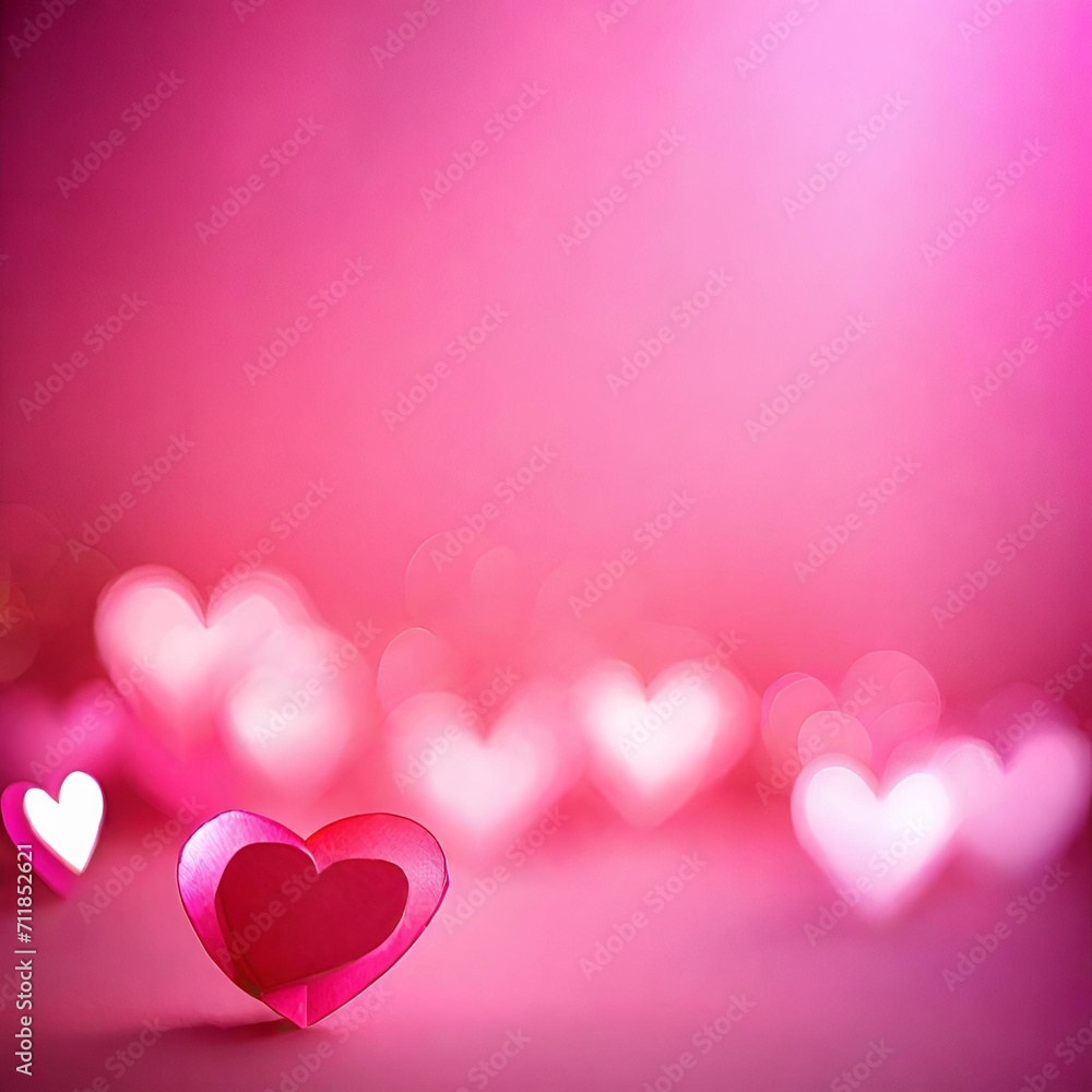 Valentine's day background with paper hearts. Vector illustration. Pink heart shape origami style on pink  bokeh light background
