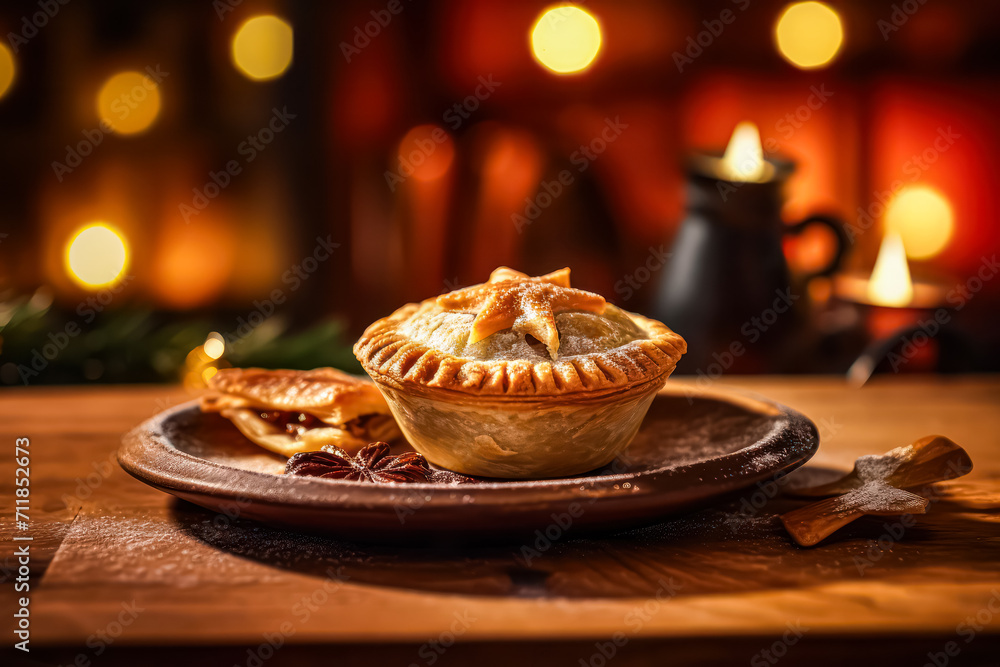 Relish the festive taste of a mince pie, gracefully presented on a wooden table. This delectable treat captures the essence of holiday sweetness and tradition.