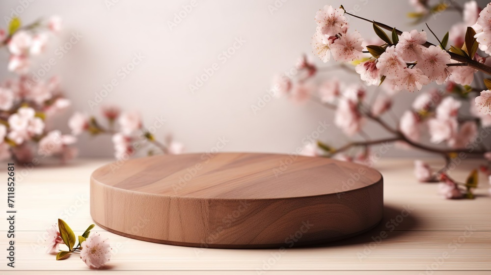 empty wooden platform podium for product presentation and spring blooming tree branches with white flowers on a pastel beige background. empty wooden platform podium for product presentation and spring blooming tree branches with white flowers on a pastel beige background.