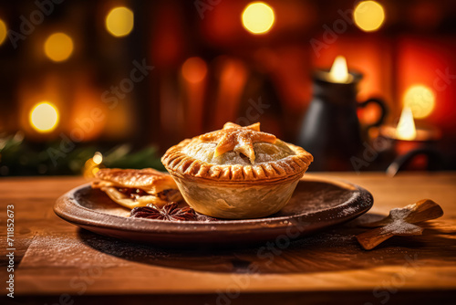 Relish the festive taste of a mince pie  gracefully presented on a wooden table. This delectable treat captures the essence of holiday sweetness and tradition.