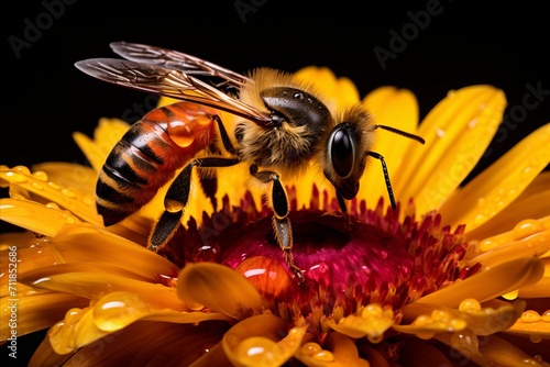 Bee pollinating flower, capturing intricate interaction and delicate pollen grains in detail