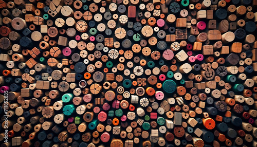 pattern with colorful wooden round pieces of wood 