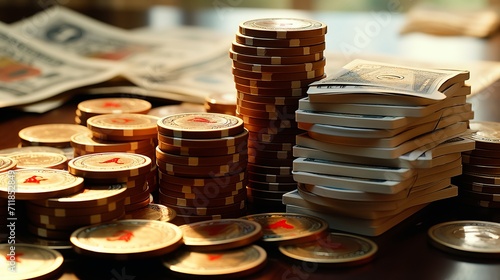 Stack of casino chips and deck of playing cards for gambling and poker games photo