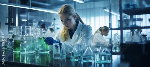 Female scientists with clear solution in laboratory copy space on blurred background