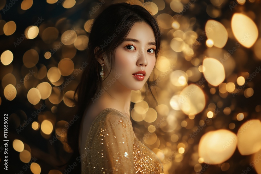 Young beautiful brunette Asian woman with evening makeup wears shiny golden dress at the party