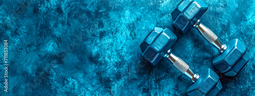 pair of blue hexagonal dumbbells on a textured blue background, conveying themes of strength, fitness, and physical exercise, with ample space for text or additional design elements photo