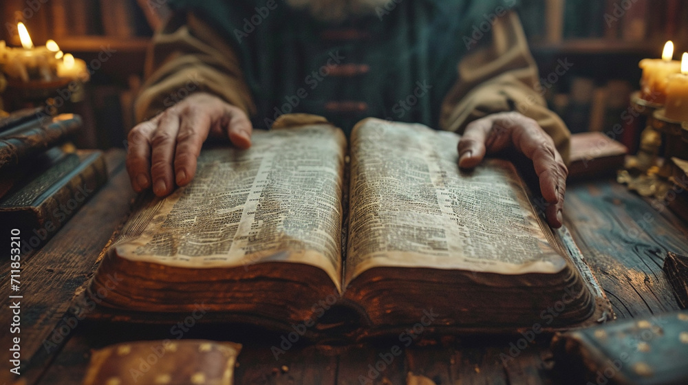 The Bible in the library, in front of the clergyman - obrazy, fototapety, plakaty 