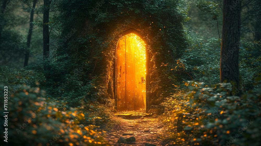 A door in a tree trunk, a fairy tale scene