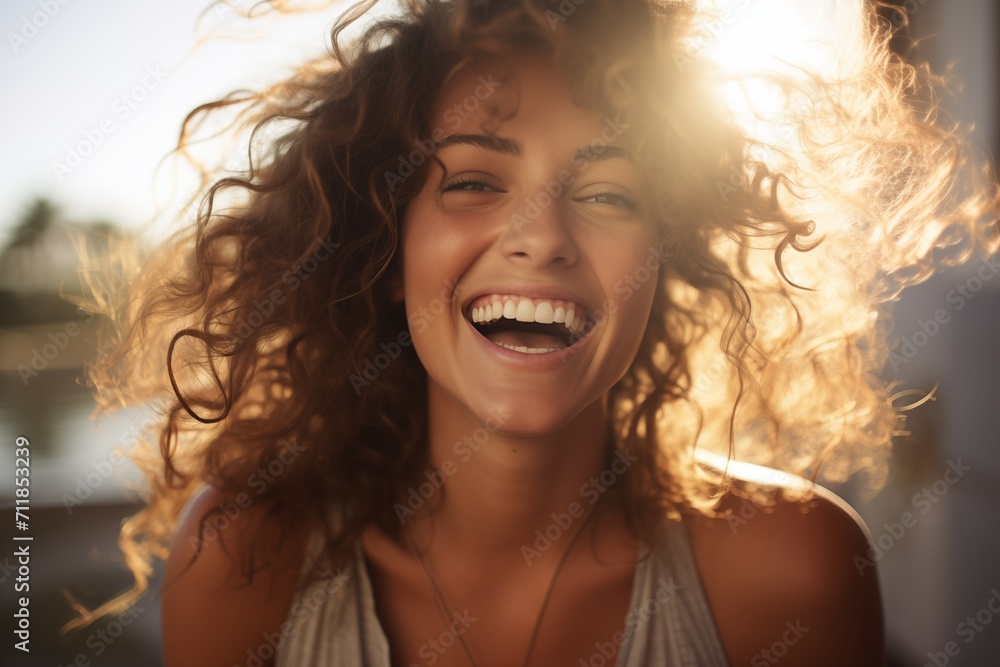 Portrait of a beautiful young woman with curly hair, smiling. Portrait of a beautiful young woman with curly hair, smiling.