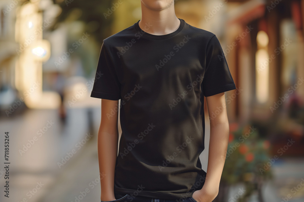 Cropped image of man in black t-shirt standing on the street for mockup Cropped image of man in black t-shirt standing on the street for mockup