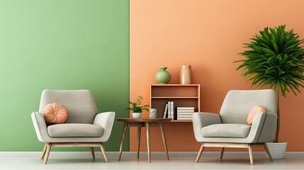 Crédence de cuisine Pantone 2024 Peach Fuzz Stylish scandinavian living room with green sofa, chair, and bookshelf against peach fuzz wall.  © Andrei