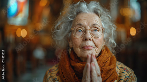 Faithful senior woman prays in church