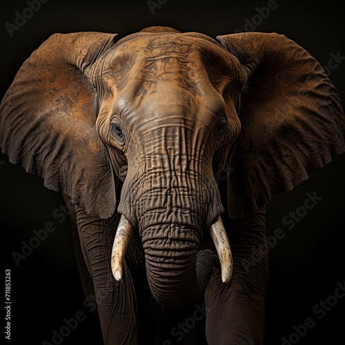 African elephant isolated on black background. Close-up of animal head.