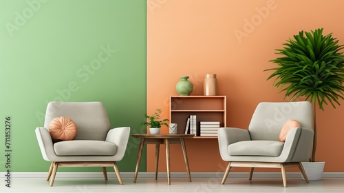 Stylish scandinavian living room with green sofa, chair, and bookshelf against peach fuzz wall. photo