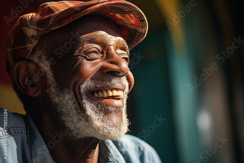 Portrait of a senior African man laughing and looking away on the street