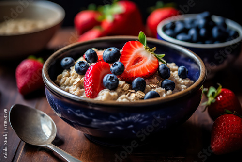 Experience the wholesome goodness of oatmeal adorned with wild berries  tastefully served on a rustic wooden table. A nutritious and visually appealing breakfast option.