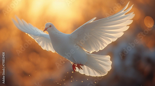 A beautiful white dove hovering in the sky
