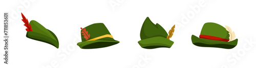 Green hats with archers and hunters feather. Medieval beret symbol of robin hood with stylish knight vector era design