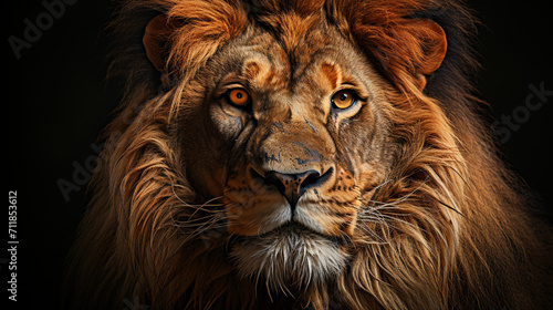 Wild, dangerous, beautiful lion in black background