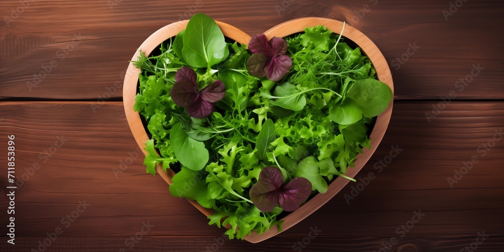 a mix of lettuce leaves and a heart-shaped plate. concept of healthy eating. copy space a mix of lettuce leaves and a heart-shaped plate. concept of healthy eating. copy space