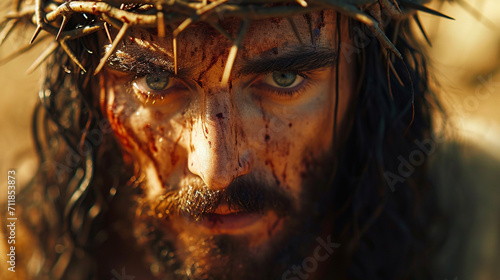 The Crucifixion of Jesus, with the crown of thorns, the bloody Jesus carries his cross