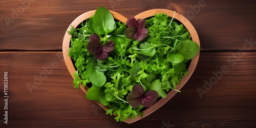 a mix of lettuce leaves and a heart-shaped plate. concept of healthy eating. copy space