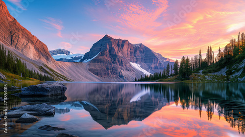 Majestic Alpine Glow Sunset Reflective Mountain Lake Serene Nature Scenery High Resolution Wallpaper Background © Misutra