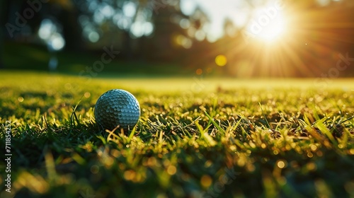 Сlose-up view of golf ball on grass. Created with Generative Ai technology.
