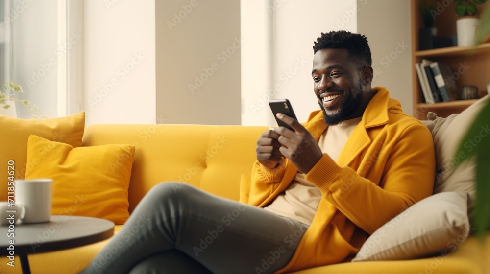 Black man in yellow sitting on his yellow sofa looking at his cell phone in amusement