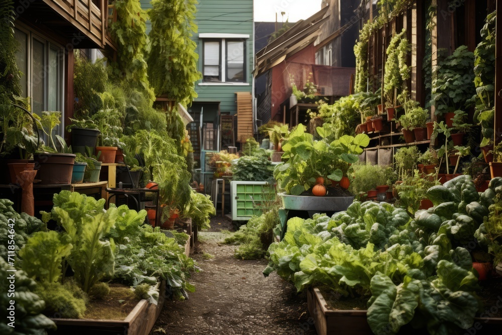 Urban garden in the backyard of a house in the middle of the city. Ecological concept