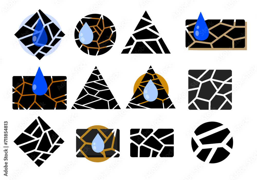 Dryness icon. Blue drop of water. Moisture and humidity. Crack in brown ground. Broken pieces. Abstract symbol icon of Broken circle surface. Dryness icon. Blue drop of water. Moisture and humidity. Crack in brown ground. Broken pieces. Abstract symbol icon of Broken circle surface.