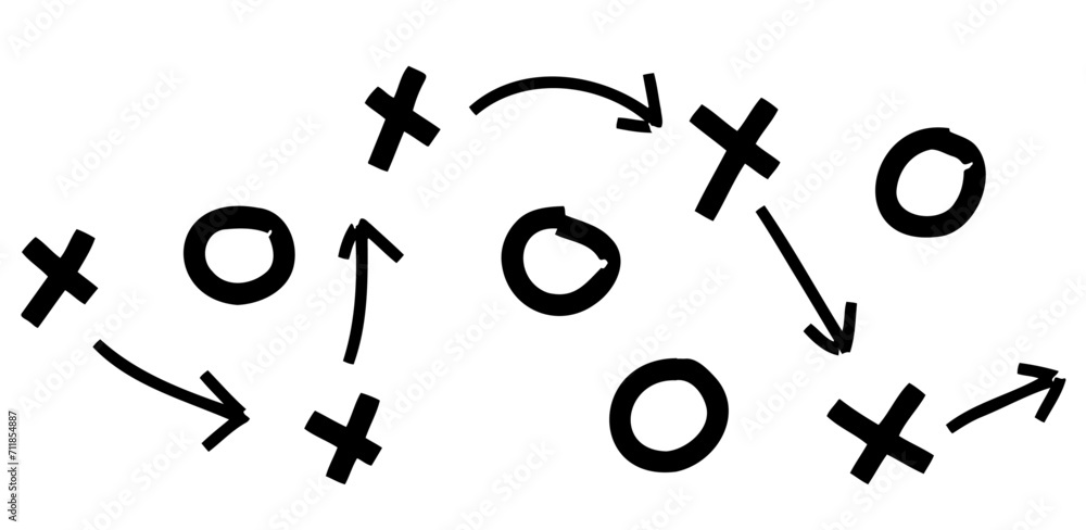 Sports tactics and strategy. Scheme of movement of team player. Combination of crosses and circles with path arrows. Pitch ball instructions. Sports tactics and strategy. Scheme of movement of team player. Combination of crosses and circles with path arrows. Pitch ball instructions.