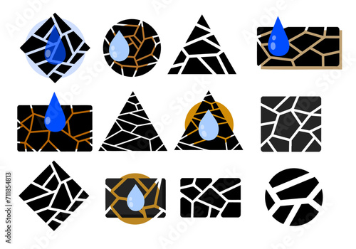 Dryness icon. Blue drop of water. Moisture and humidity. Crack in brown ground. Broken pieces. Abstract symbol icon of Broken circle surface.