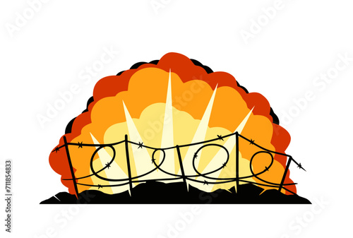 Barbed wire. Scenery of modern military conflict. Comic boom explosion. Big cartoon fireball. Fire bang and exploding. Silhouette of military barricades. Defensive fortifications.