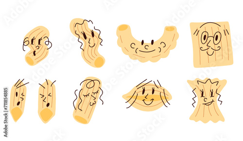 Pasta Character. Set of Smiling Kawaii happy face of spaghetti or italian macaroni food. Decoration for restaurant menu. Traditional ingredient mascot. Flat cartoon illustration