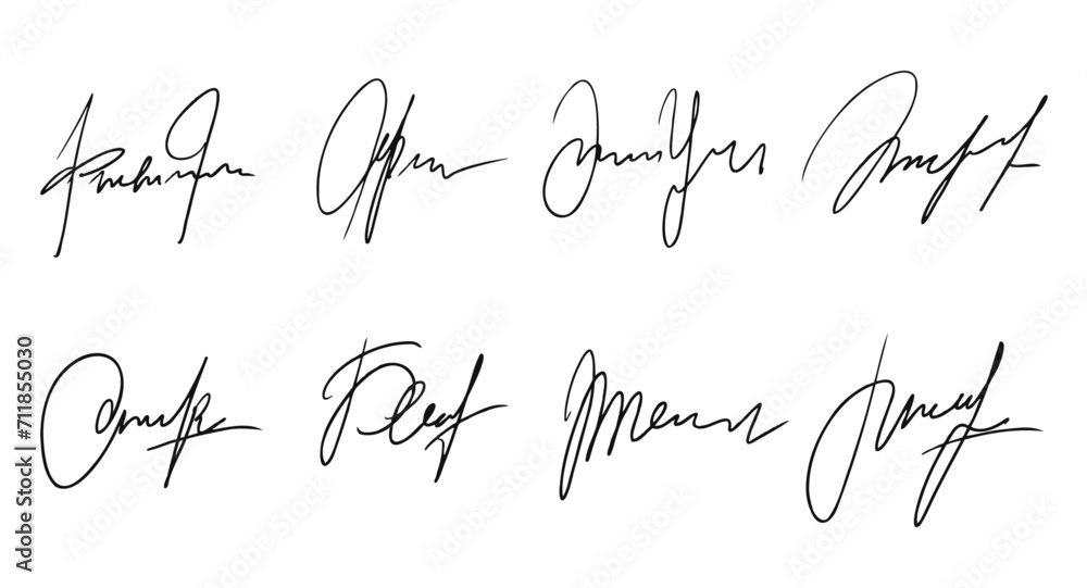 Set of fake signatures. Illegible fake handwriting text. Brush Pen sign. Decoration for certificate or agreement. Business deal - obrazy, fototapety, plakaty 