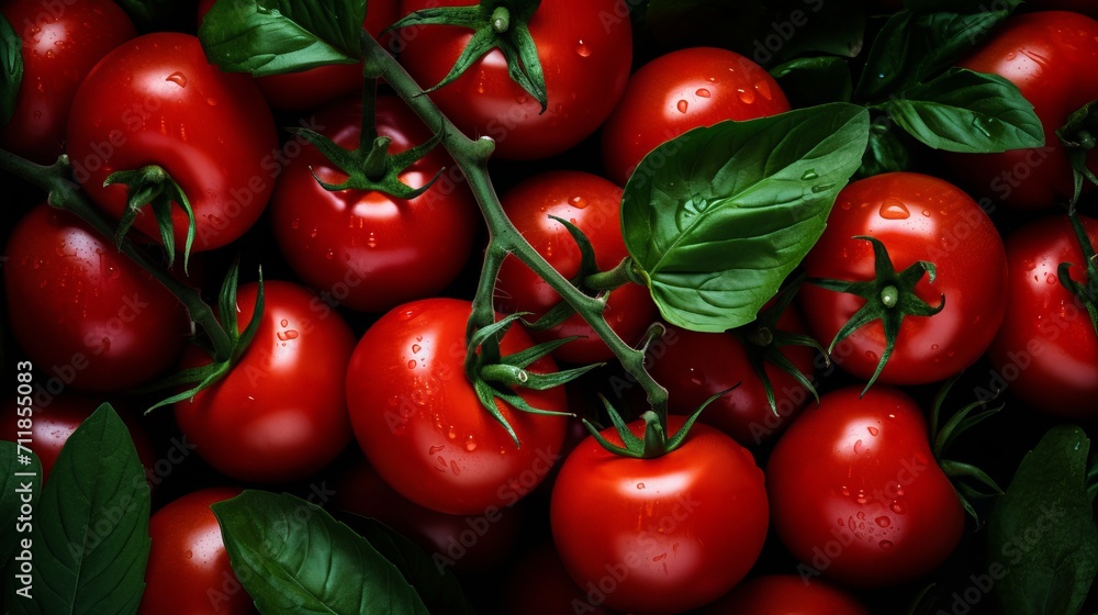 Close up of ripe and juicy red tomatoes with fresh green leaves against a clean white background
