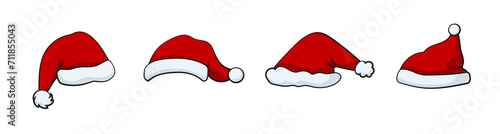 Red christmas hat set. Santa claus winter headdress with white pompom decoration for fun party and traditional vector new year