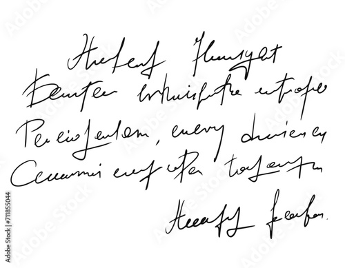Handwritten Unreadable text. Black old vintage written text .Abstract illegible handwriting of fictional language. Incomprehensible letters
