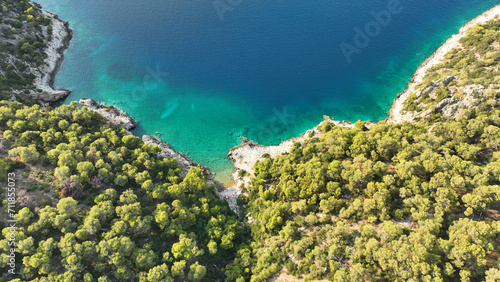 Aerial drone photo of not so famous but scenic beach of Strava or Alkionida near small seaside village of Shinos, Attica, Greece