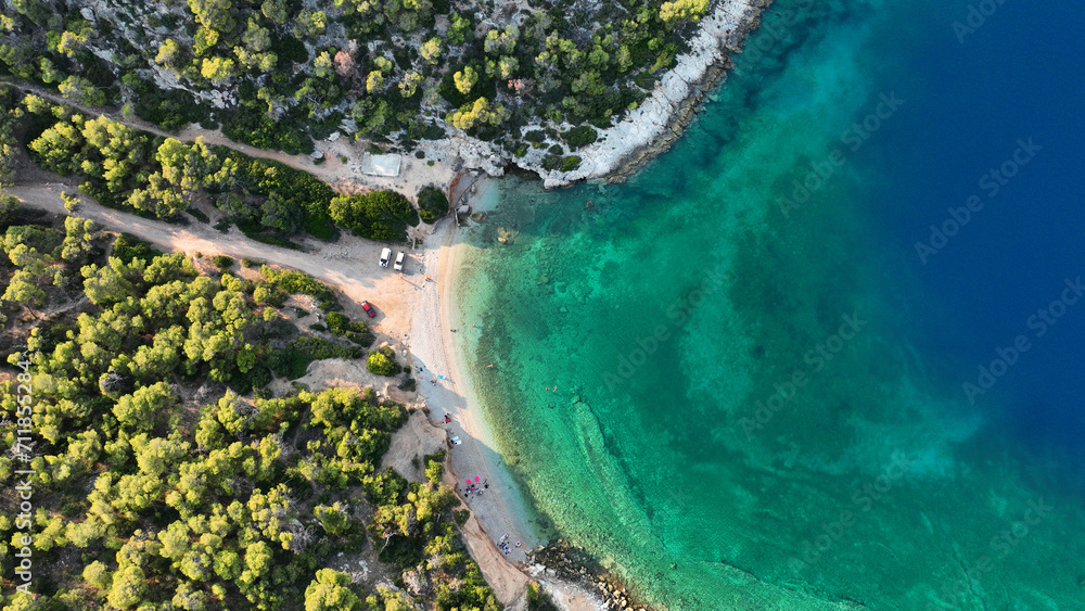 Aerial drone photo of not so famous but scenic beach of Strava or Alkionida near small seaside village of Shinos, Attica, Greece