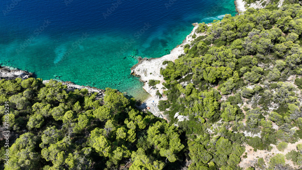 Aerial drone photo of scenic volcanic island rocky bay full of pine trees and beautiful emerald crystal clear sea in tropical exotic destination