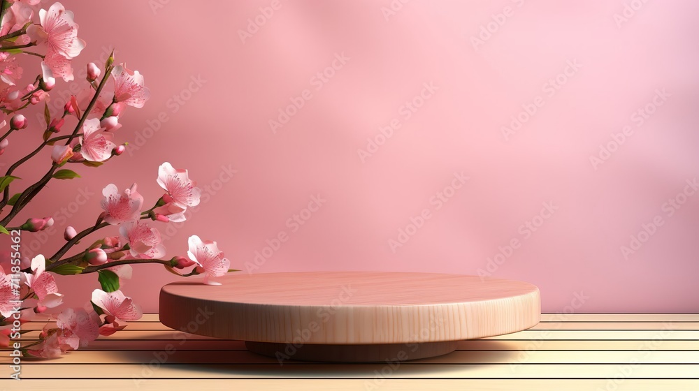 Round empty wooden platform podium for product presentation and spring flowers on pink background, banner Round empty wooden platform podium for product presentation and spring flowers on pink background, banner