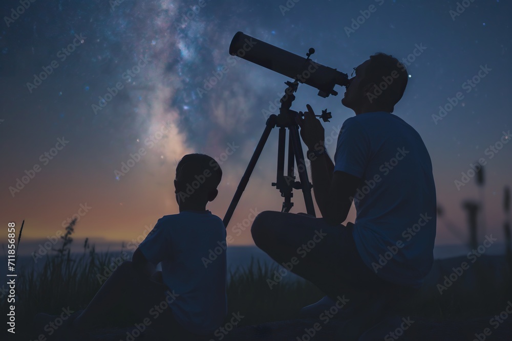 Boy and his father observe the night sky with a telescope, summer activities.